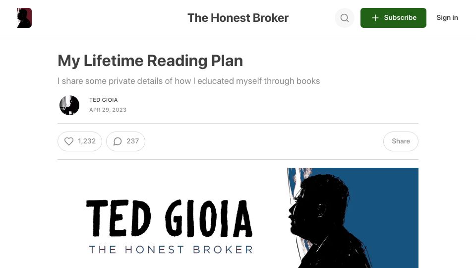 Screenshot of honest-broker.com: My Lifetime Reading Plan