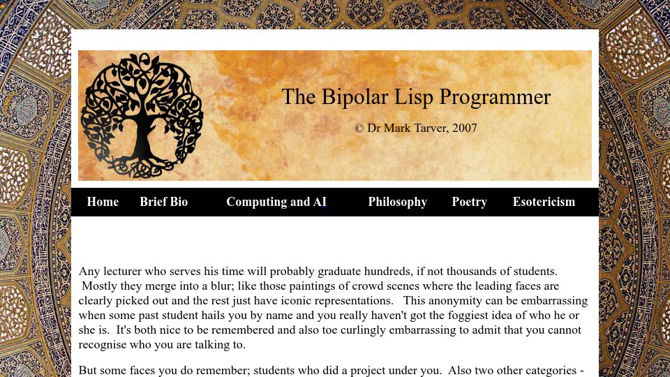 Screenshot of marktarver.com: The Bipolar Lisp Programmer (2007)