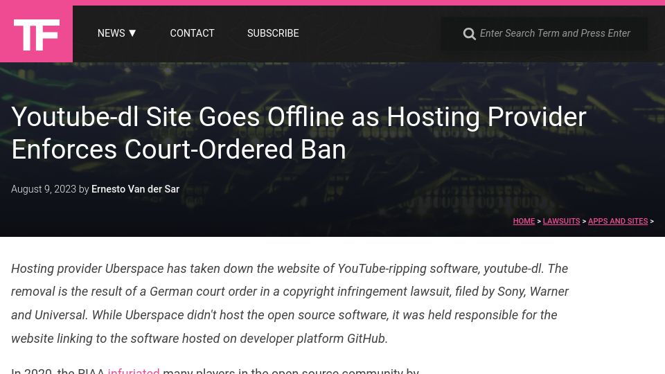 Screenshot of torrentfreak.com: YouTube-Dl Site Goes Offline as Hosting Provider Enforces Court-Ordered Ban