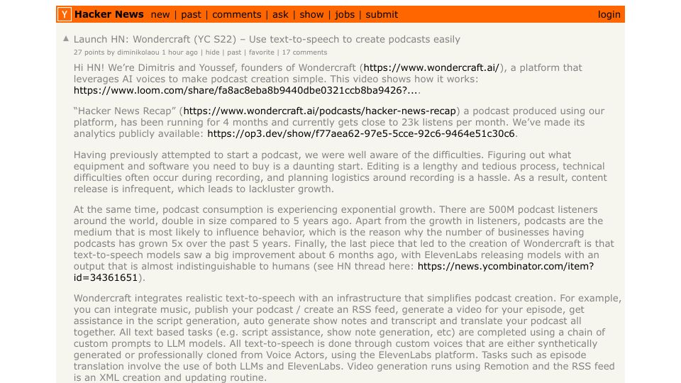 Screenshot of Hacker News post: Launch HN: Wondercraft (YC S22) – Use text-to-speech to create podcasts easily