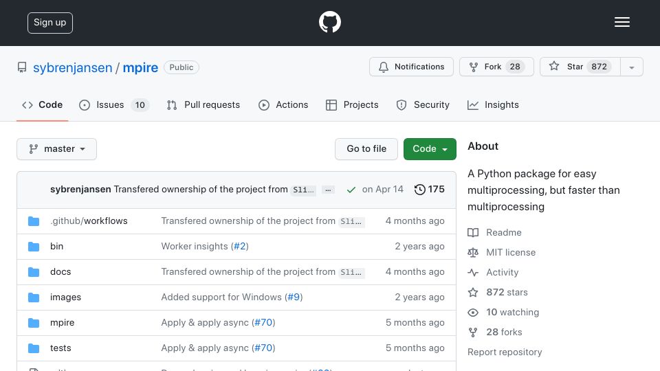 Screenshot of github.com: Mpire: A Python package for easier and faster multiprocessing
