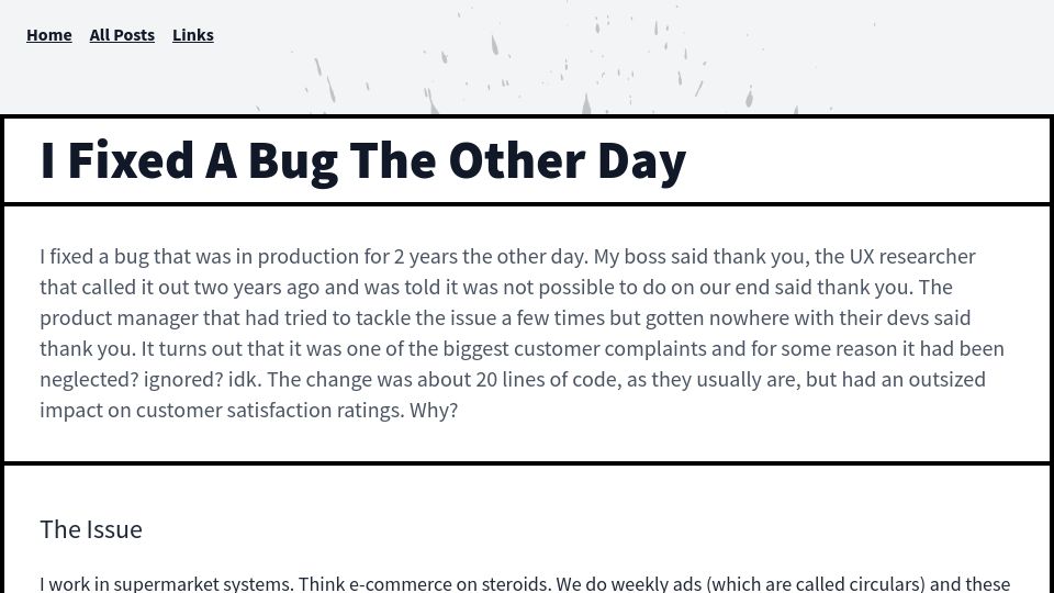 Screenshot of javiergonzalez.io: I fixed a bug the other day