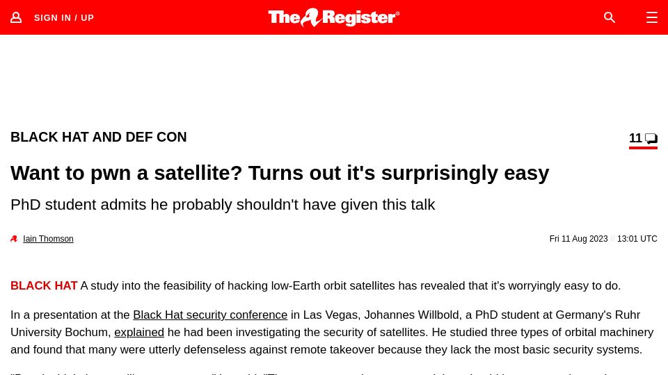 Screenshot of theregister.com: Want to pwn a satellite? Turns out it's surprisingly easy