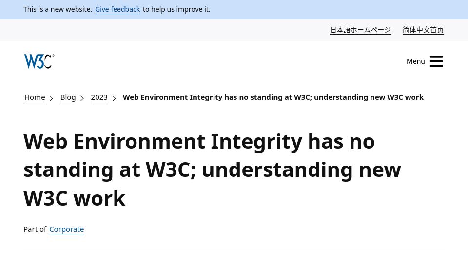 Screenshot of w3.org: Web Environment Integrity has no standing at W3C; understanding new W3C work