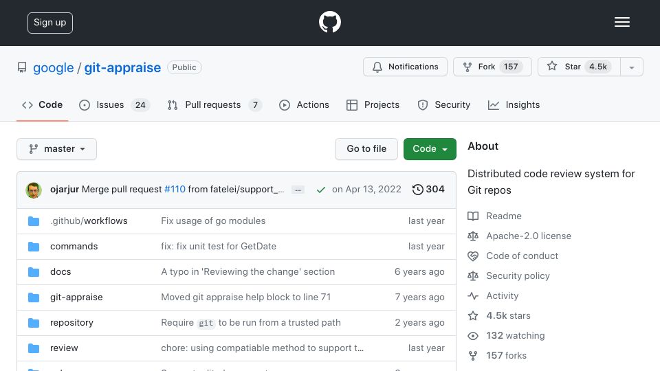 Screenshot of github.com: Git-appraise – Distributed Code Review for Git