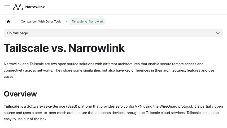 Screenshot of narrowlink.com: Tailscale vs. Narrowlink