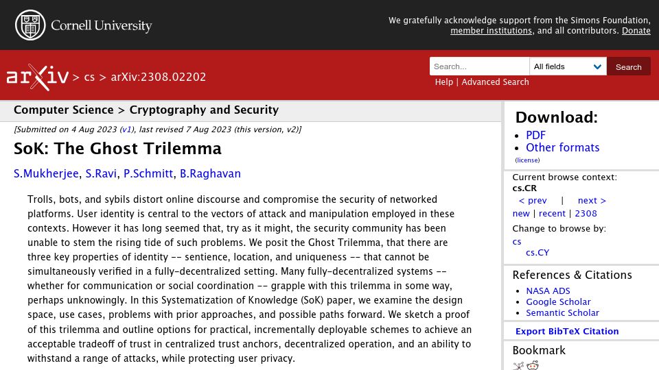 Screenshot of arxiv.org: The inability to simultaneously verify sentience, location, and identity