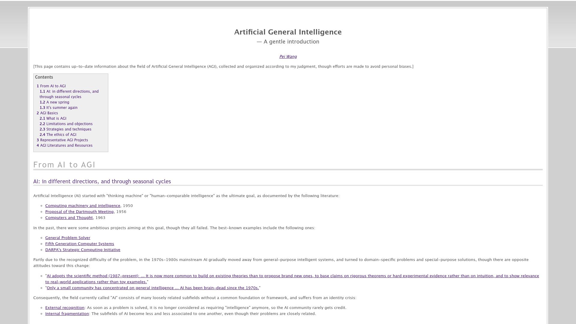 Screenshot of cis.temple.edu: Artificial General Intelligence – A gentle introduction