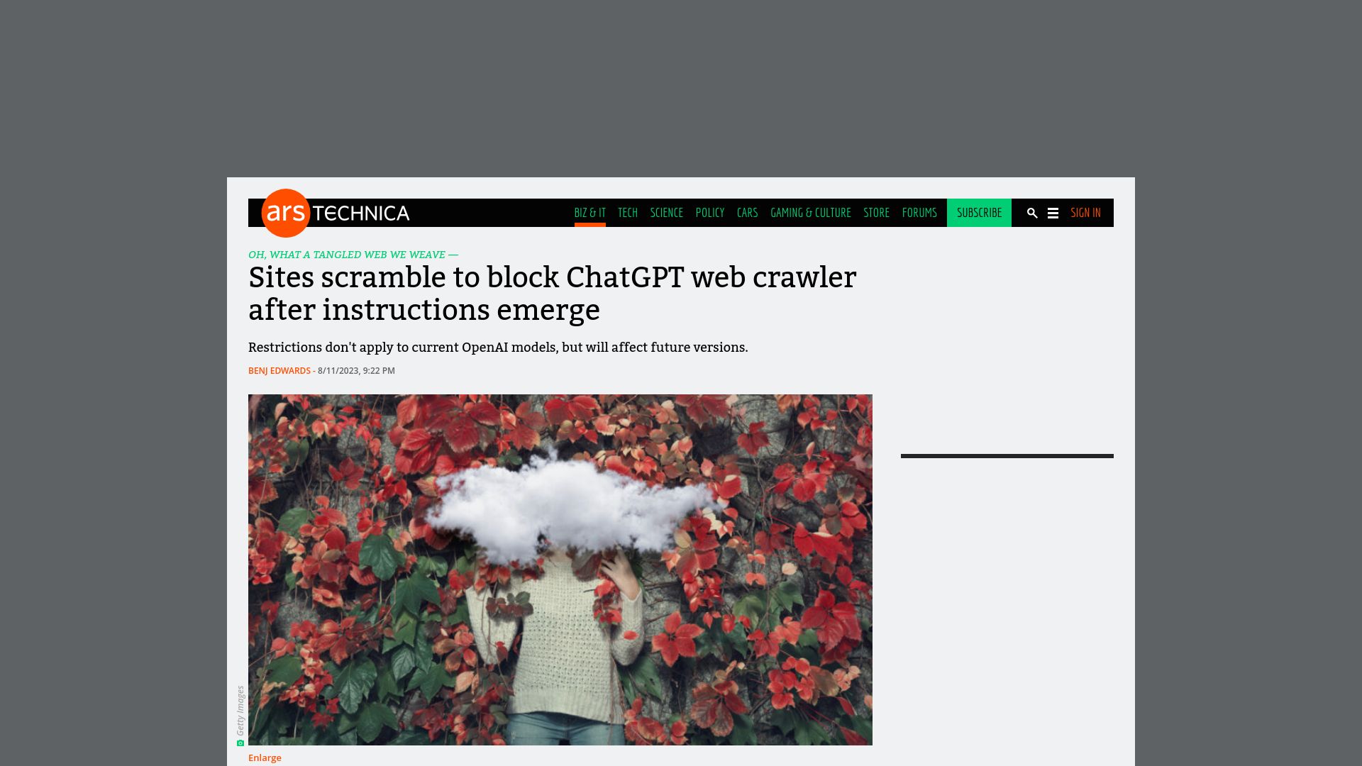 Screenshot of arstechnica.com: Sites scramble to block ChatGPT web crawler after instructions emerge