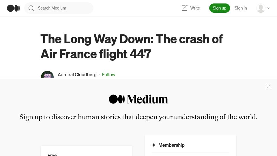 Screenshot of admiralcloudberg.medium.com: The crash of Air France flight 447 (2021)