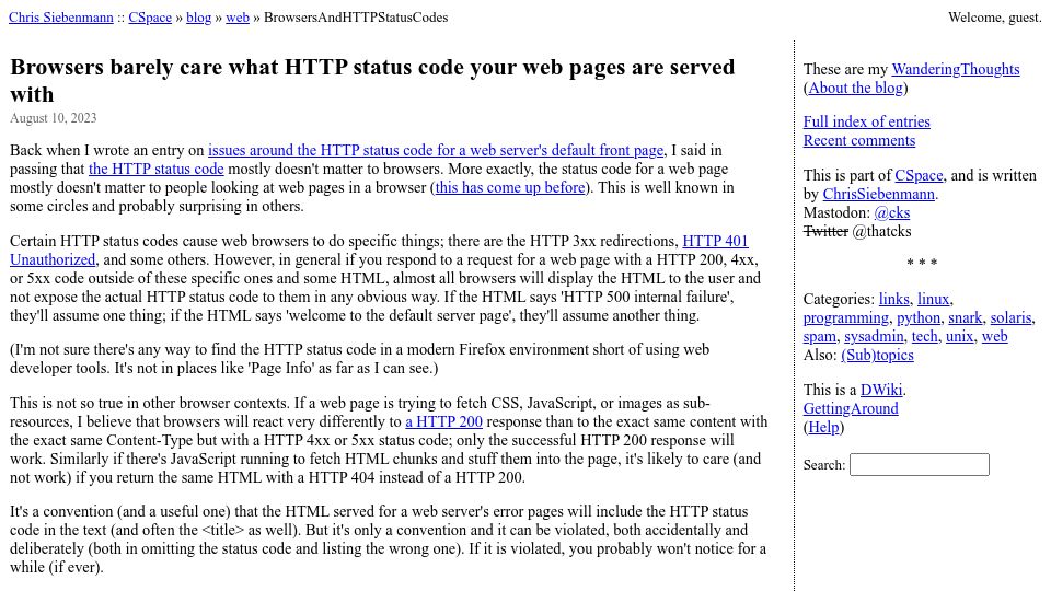 Screenshot of utcc.utoronto.ca: Browsers barely care what HTTP status code your web pages are served with