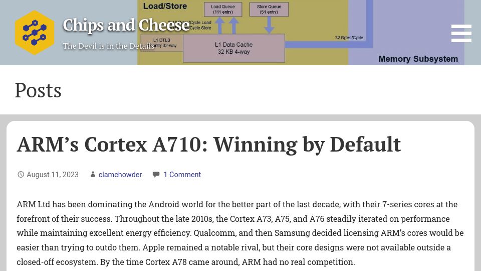 Screenshot of chipsandcheese.com: ARM’s Cortex A710: Winning by Default