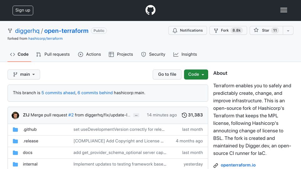 Screenshot of github.com: OpenTerraform – an MPL fork of Terraform after HashiCorp's license change