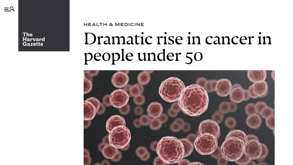 Screenshot of news.harvard.edu: Dramatic rise in cancer in people under 50