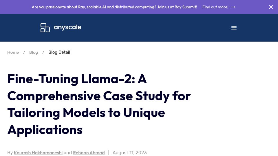 Screenshot of anyscale.com: Fine-Tuning Llama-2: A Comprehensive Case Study for Tailoring Custom Models