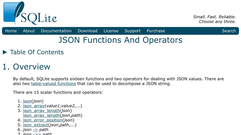 Screenshot of sqlite.org: SQLite Functions for Working with JSON