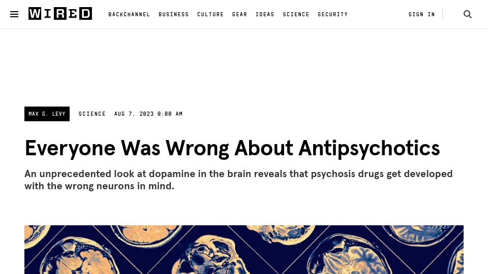 Screenshot of wired.com: D1 receptors may be a more important target than D2 for antipsychotic drugs
