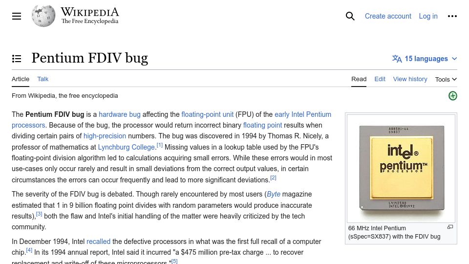 Screenshot of en.wikipedia.org: Pentium floating-point division bug (1994)