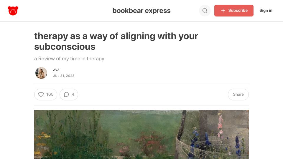 Screenshot of ava.substack.com: Therapy as a way of aligning with your subconscious