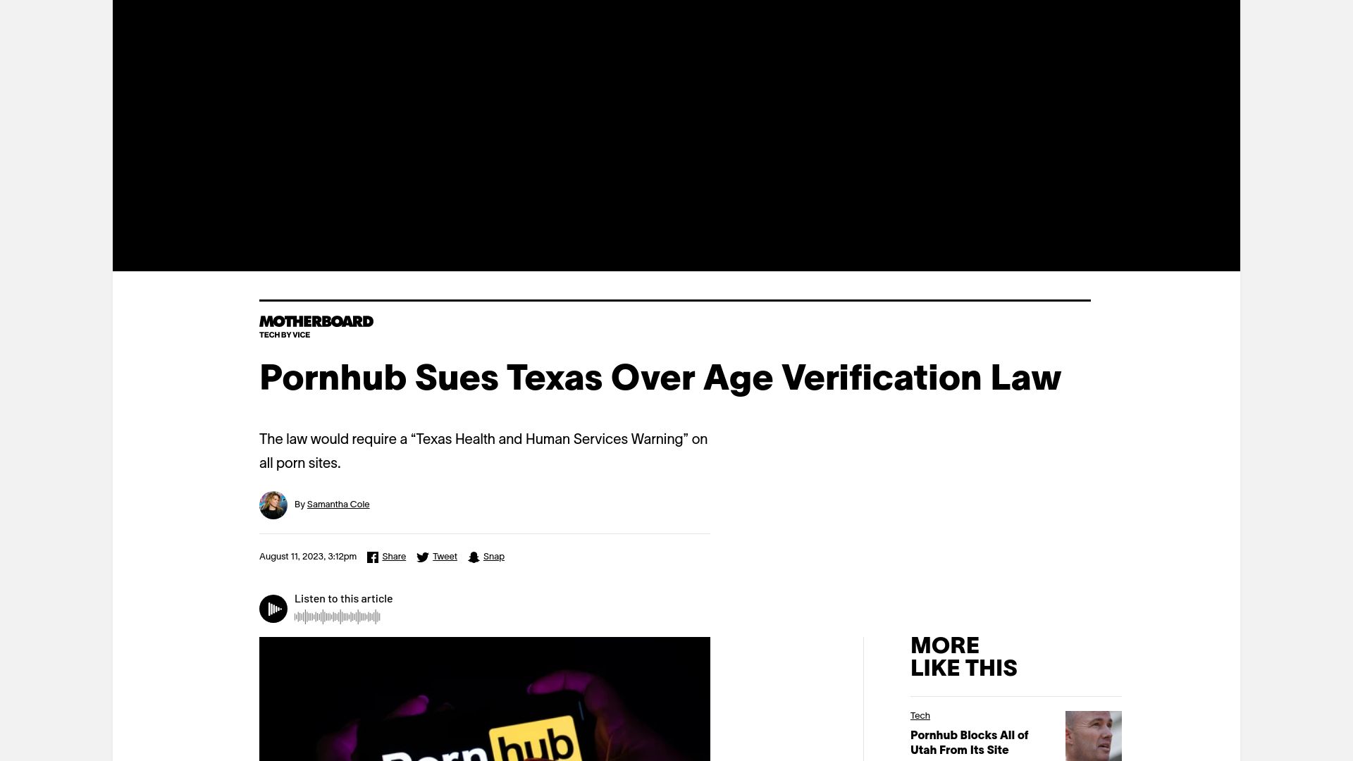 Screenshot of vice.com: Pornhub Sues Texas over Age Verification Law