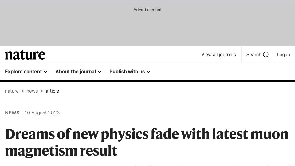 Screenshot of nature.com: Dreams of new physics fade with latest muon magnetism result