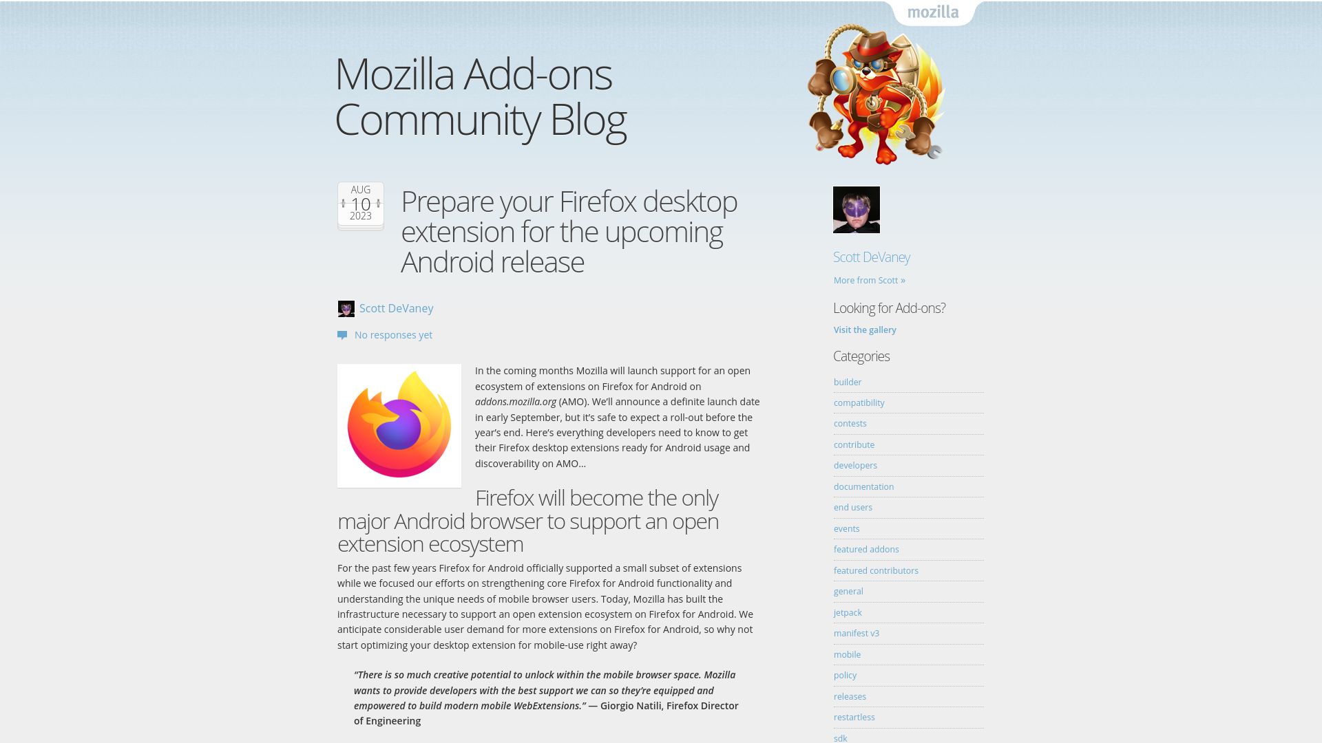 Screenshot of blog.mozilla.org: Firefox desktop extensions coming soon for the upcoming Android release