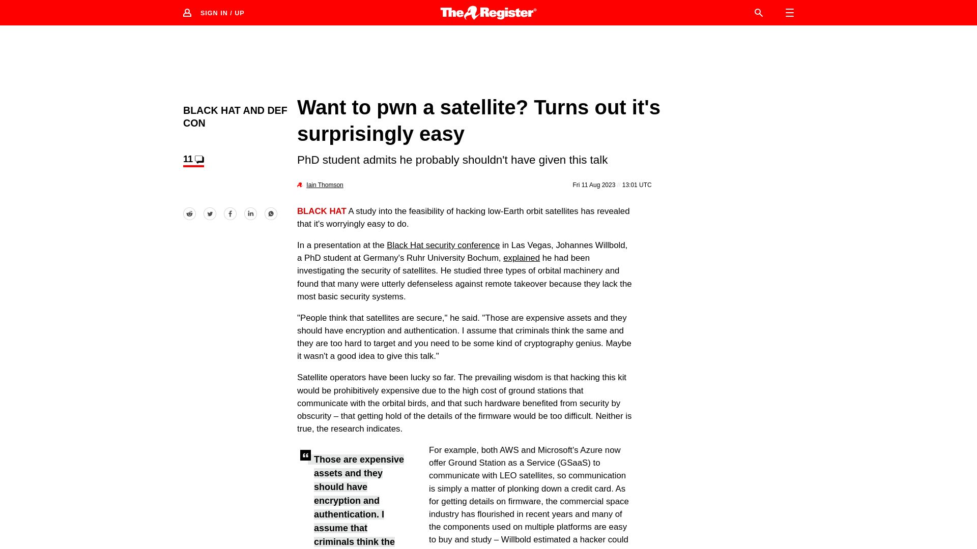 Screenshot of theregister.com: Want to pwn a satellite? Turns out it's surprisingly easy