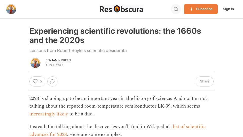 Screenshot of resobscura.substack.com: Experiencing scientific revolutions: the 1660s and the 2020s