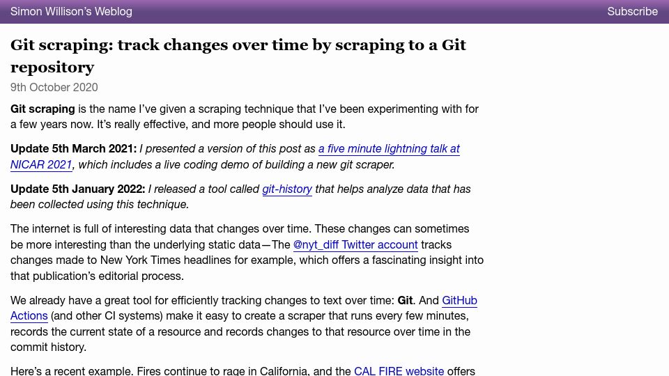 Screenshot of simonwillison.net: Git scraping: track changes over time by scraping to a Git repository (2020)