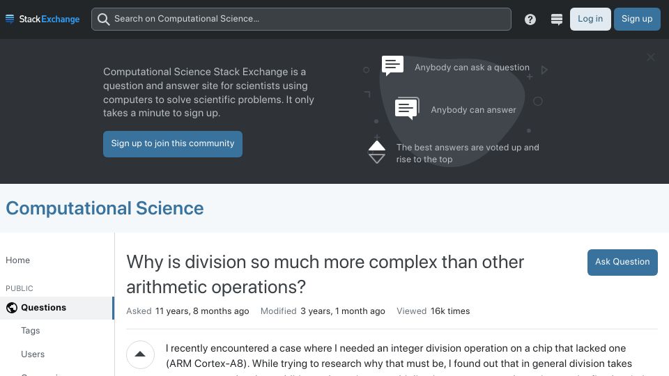 Screenshot of scicomp.stackexchange.com: Why is division so much more complex than other arithmetic operations?