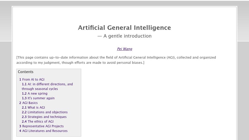 Screenshot of cis.temple.edu: Artificial General Intelligence – A gentle introduction