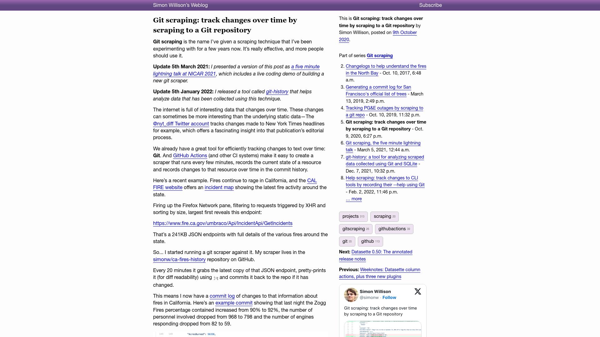 Screenshot of simonwillison.net: Git scraping: track changes over time by scraping to a Git repository (2020)