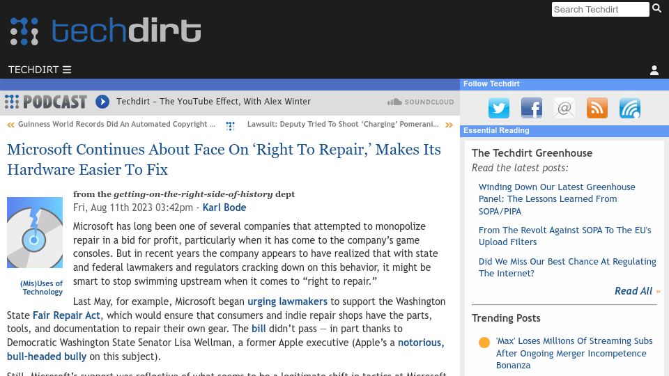 Screenshot of techdirt.com: Microsoft continues right to repair about face, makes its hardware easier to fix