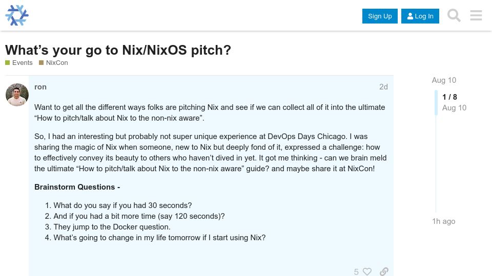 Screenshot of discourse.nixos.org: What's your go to Nix/NixOS pitch?