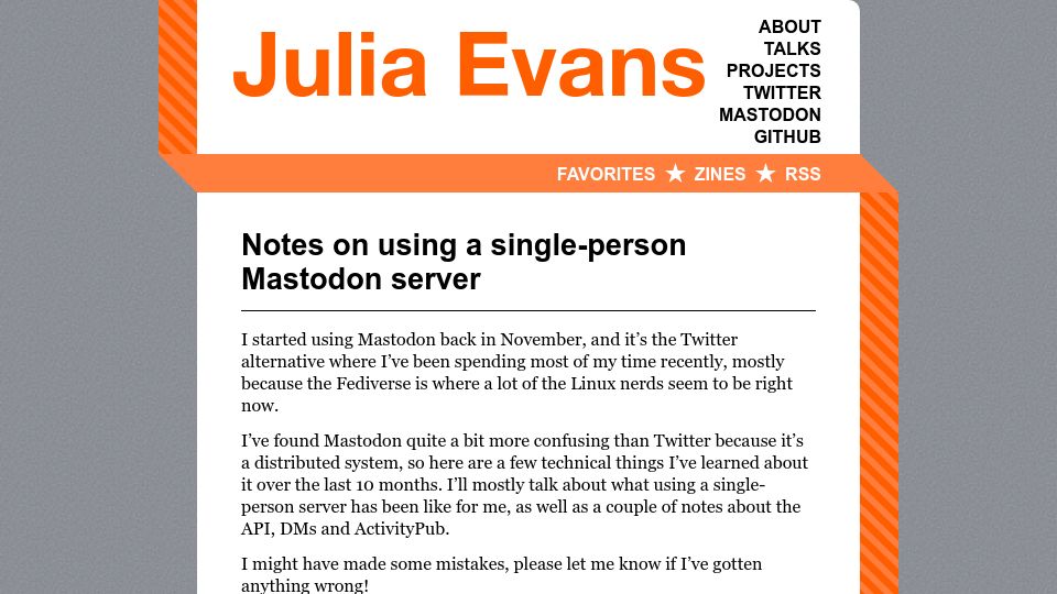 Screenshot of jvns.ca: Notes on running a single-person Mastodon server