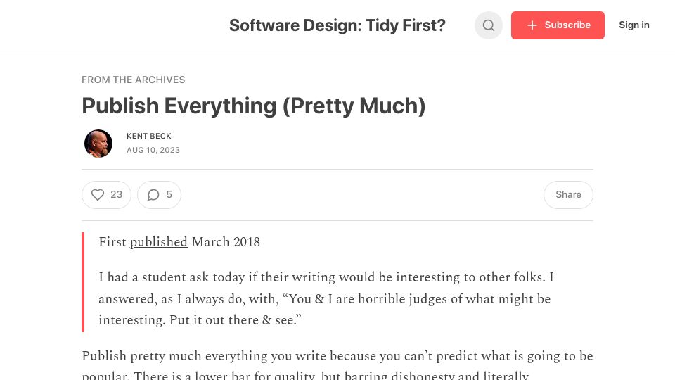 Screenshot of tidyfirst.substack.com: Publish Everything (Pretty Much)