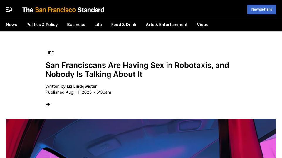 Screenshot of sfstandard.com: San Franciscans are having sex in robotaxis
