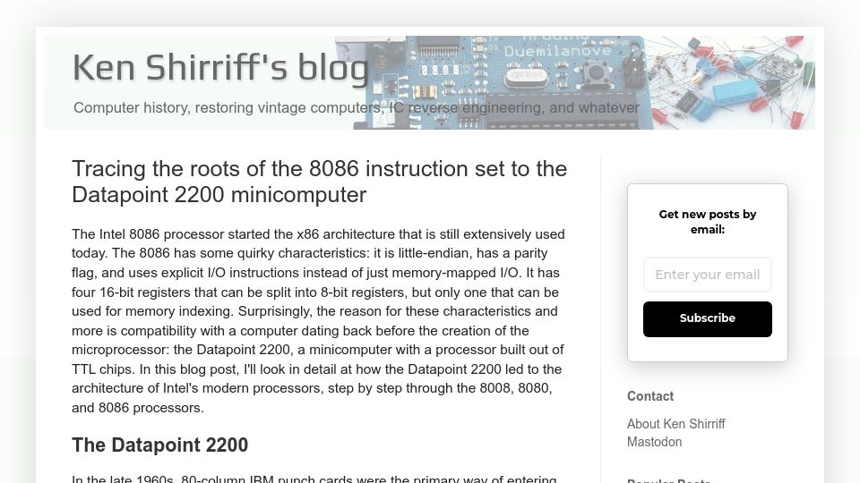 Screenshot of righto.com: Tracing the roots of the 8086 instruction set to the Datapoint 2200 minicomputer