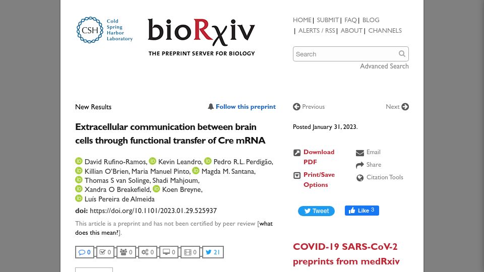 Screenshot of biorxiv.org: Extracellular communication between brain cells through transfer of Cre mRNA
