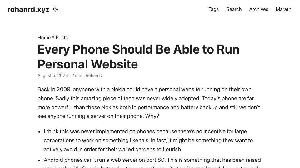 Screenshot of rohanrd.xyz: Every phone should be able to run personal websites