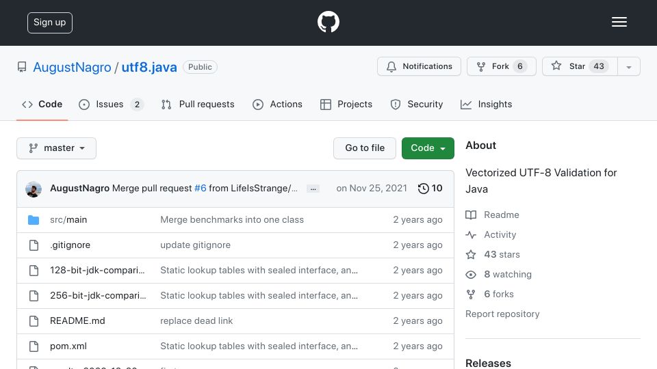 Screenshot of github.com: Vectorized UTF-8 Validation for Java