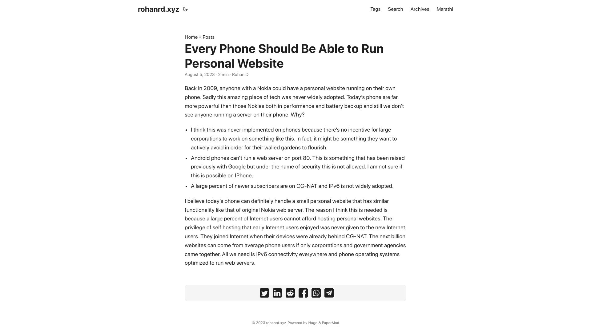 Screenshot of rohanrd.xyz: Every phone should be able to run personal websites