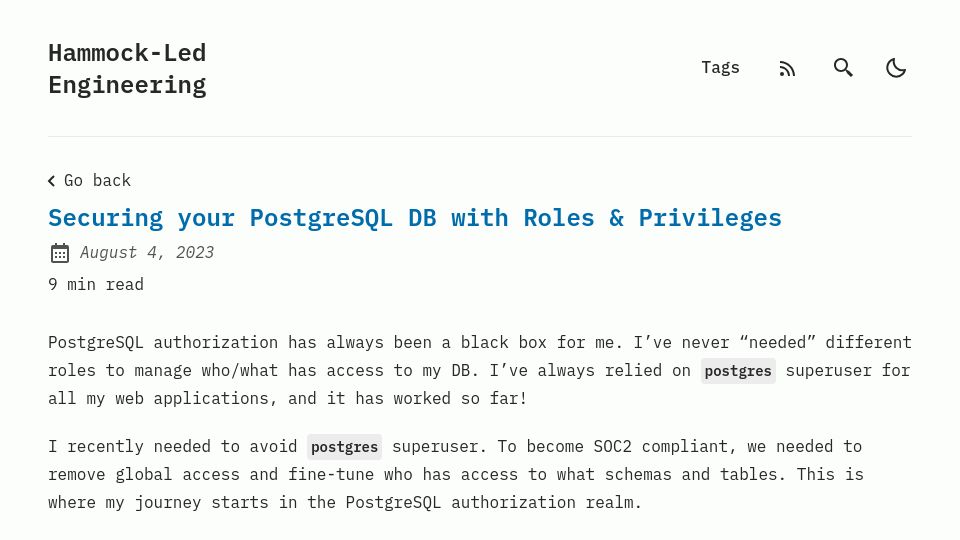 Screenshot of rlopzc.com: Securing Your PostgreSQL DB with Roles and Privileges