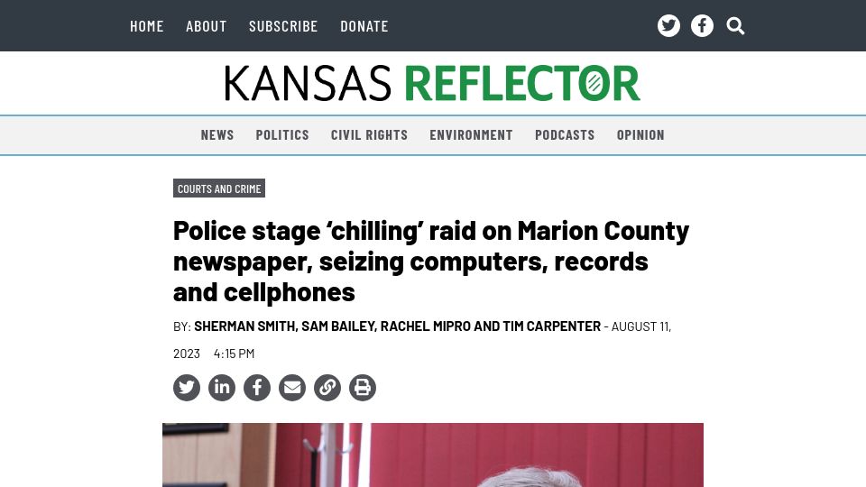 Screenshot of kansasreflector.com: Police stage ‘chilling’ raid on Marion County newspaper