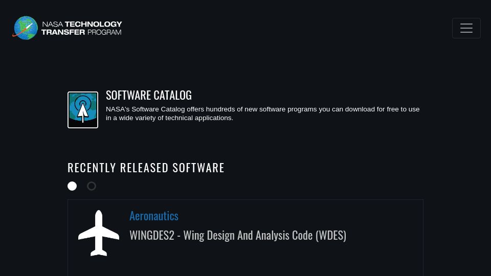 Screenshot of software.nasa.gov: NASA's Software Catalog offers hundreds of new software programs for free