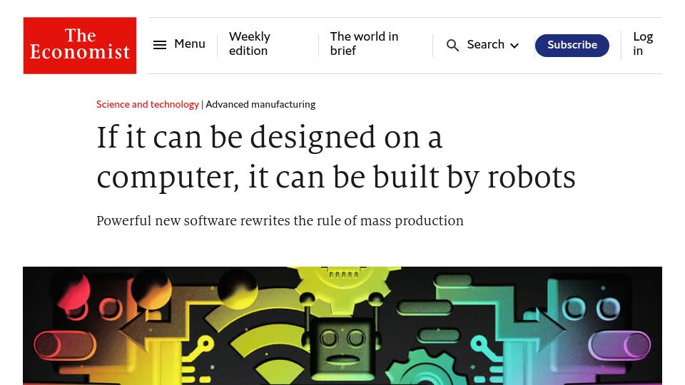 Screenshot of economist.com: If it can be designed on a computer, it can be built by robots
