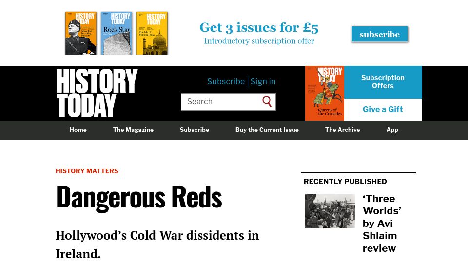 Screenshot of historytoday.com: Hollywood’s Cold War Dissidents in Ireland