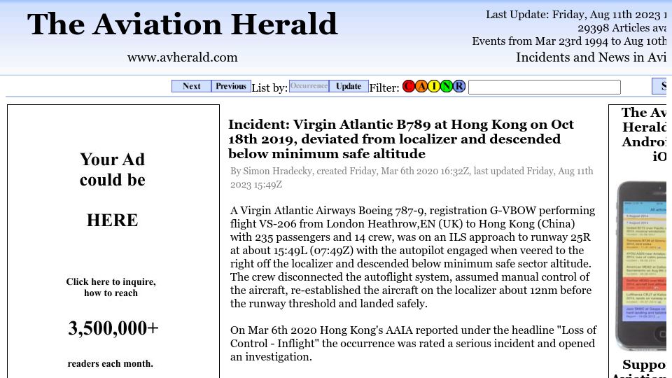 Screenshot of avherald.com: Multiple Incidents: B789 deviated from localizer, descended below safe altitude
