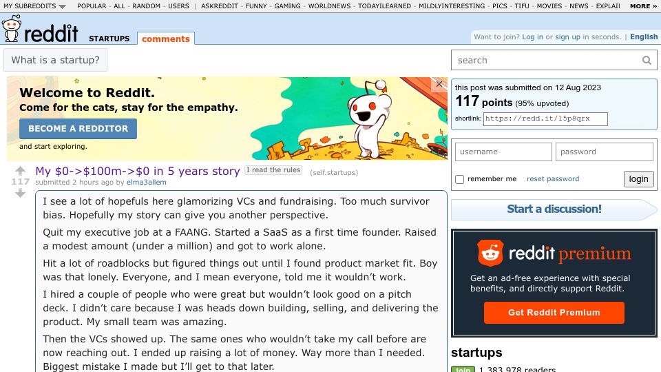 Screenshot of old.reddit.com: My $0->$100M->$0 in 5 years story