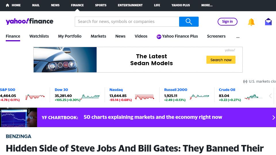Screenshot of finance.yahoo.com: Jobs and Gates banned their kids from iPads and other devices they created